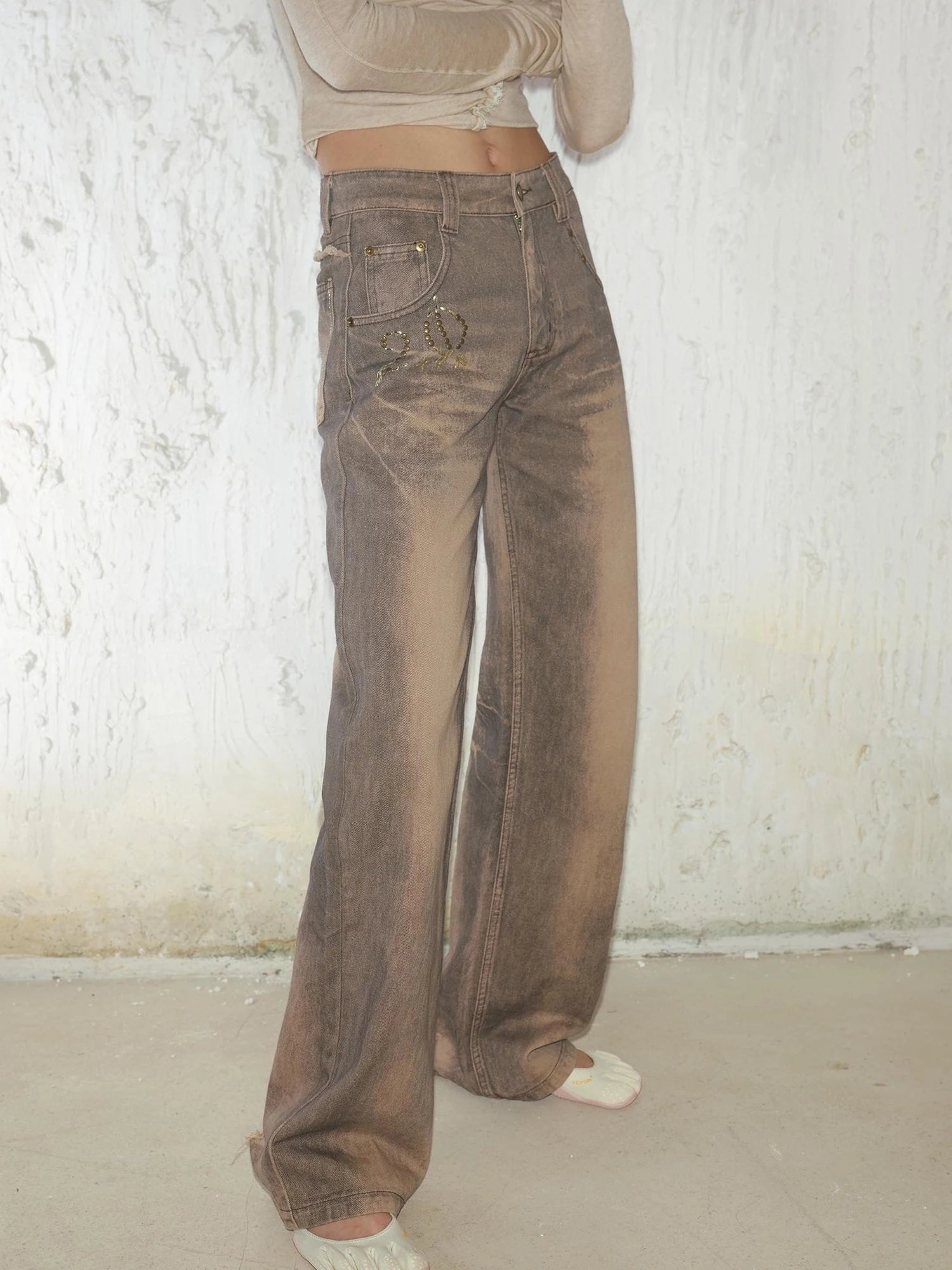 Retro Mud Dyed Straight Low Rise Embroidered Rhinestone Ripped Jeans