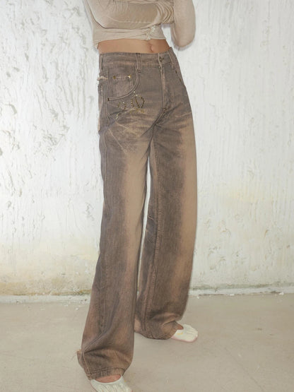 Retro Mud Dyed Straight Low Rise Embroidered Rhinestone Ripped Jeans