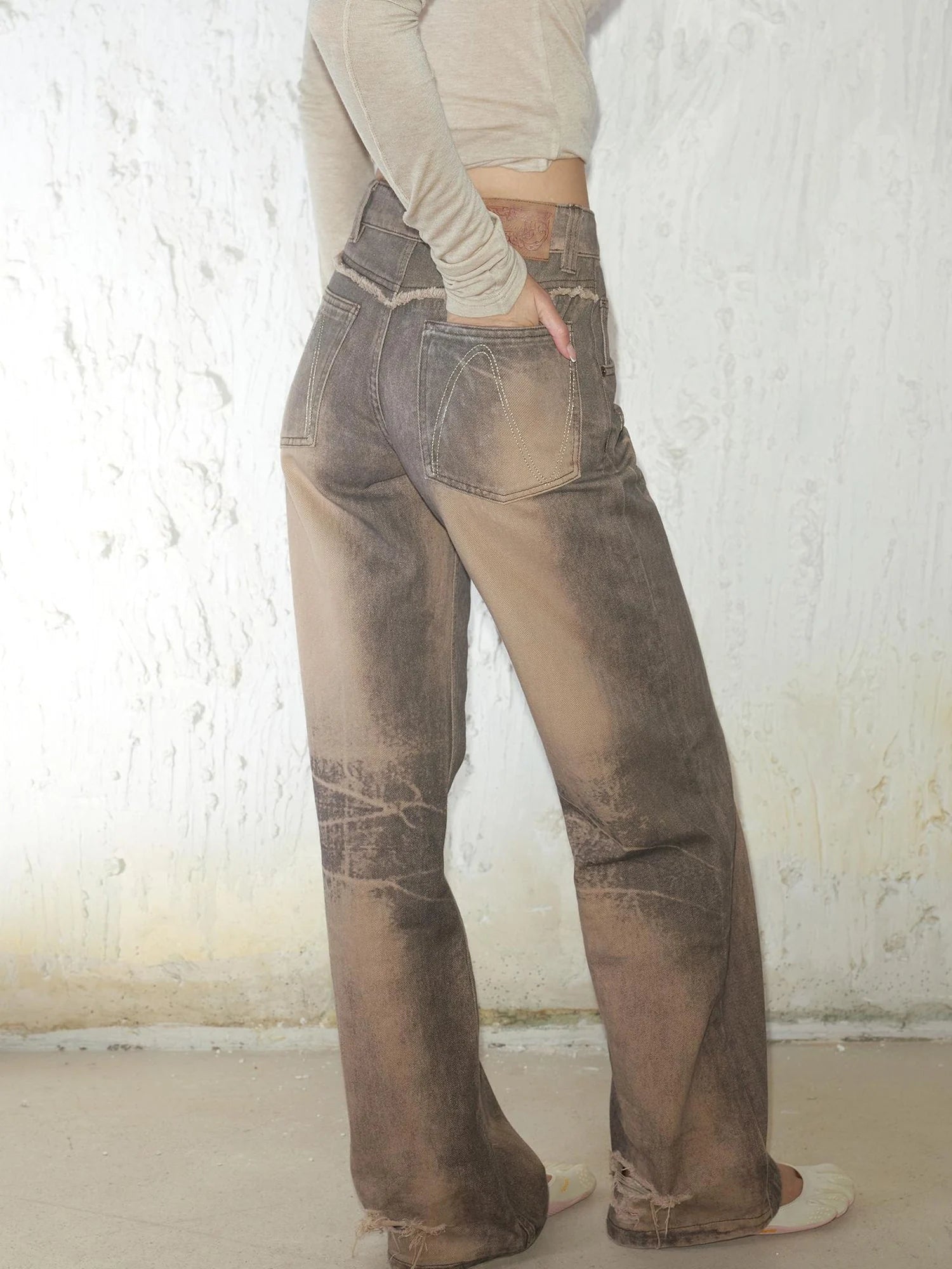 Retro Mud Dyed Straight Low Rise Embroidered Rhinestone Ripped Jeans