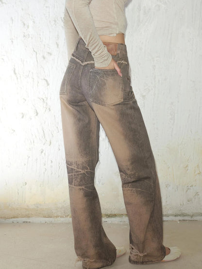 Retro Mud Dyed Straight Low Rise Embroidered Rhinestone Ripped Jeans