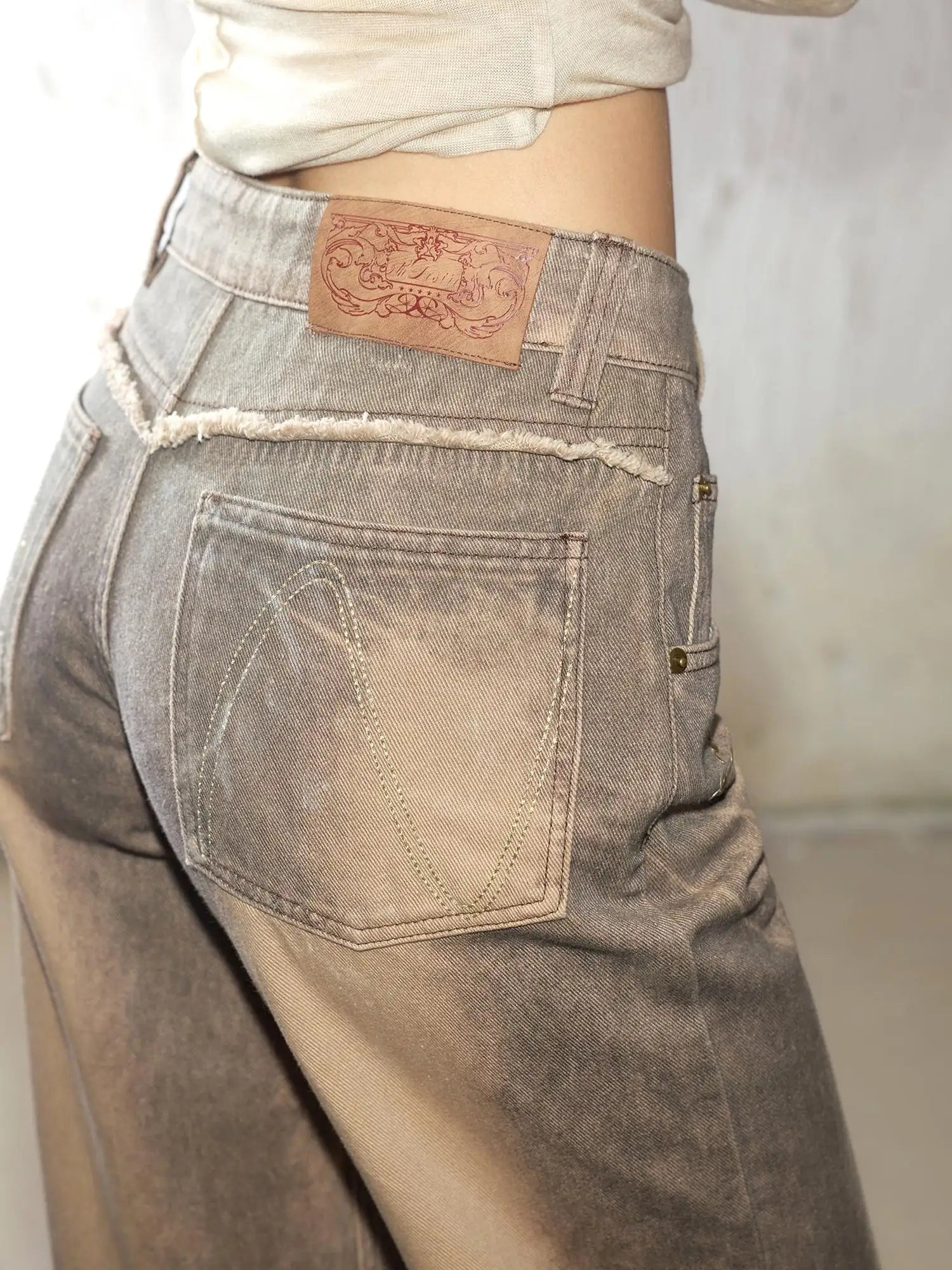 Retro Mud Dyed Straight Low Rise Embroidered Rhinestone Ripped Jeans