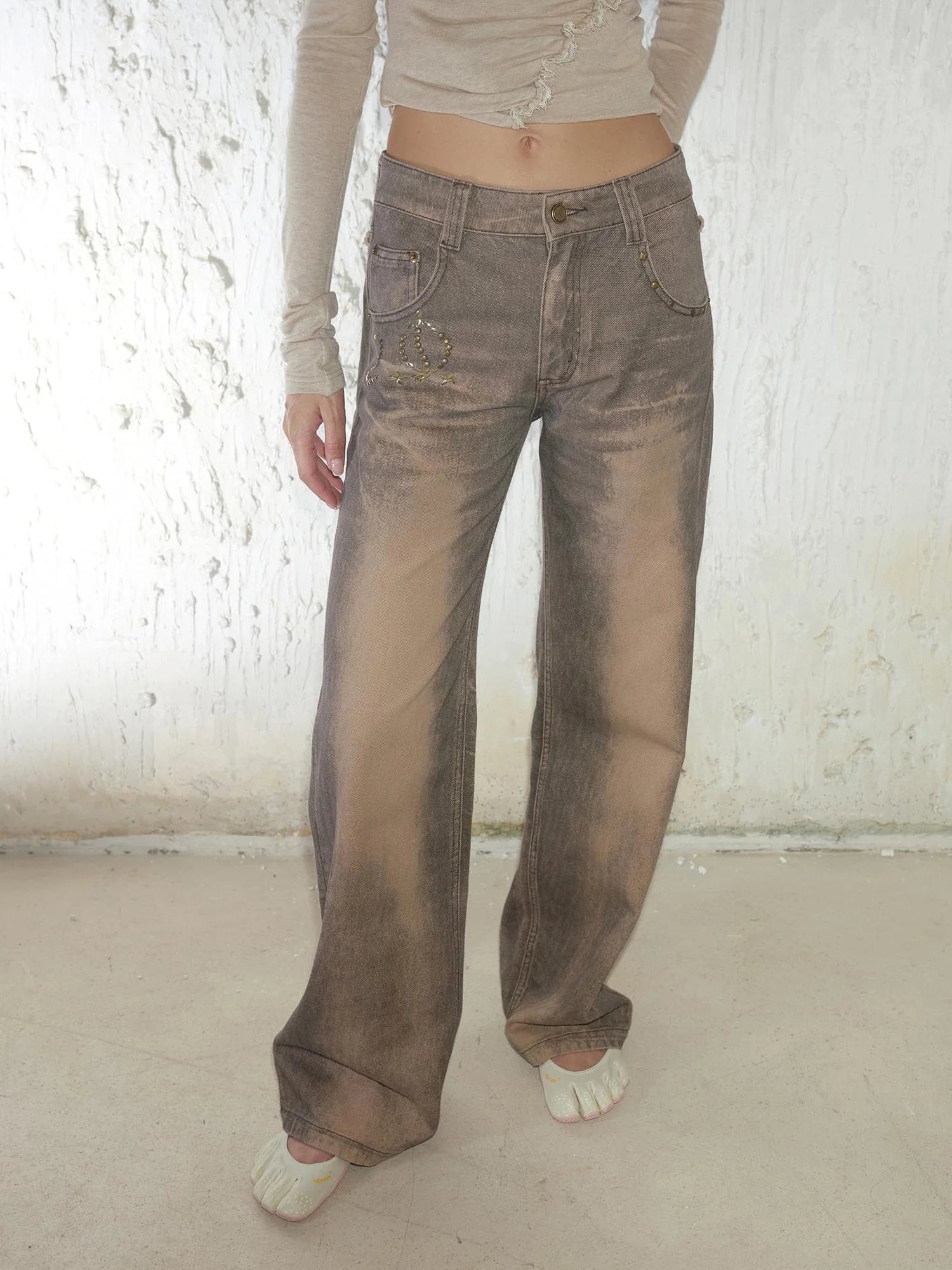 Retro Mud Dyed Straight Low Rise Embroidered Rhinestone Ripped Jeans