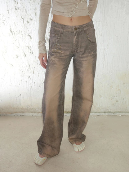 Retro Mud Dyed Straight Low Rise Embroidered Rhinestone Ripped Jeans
