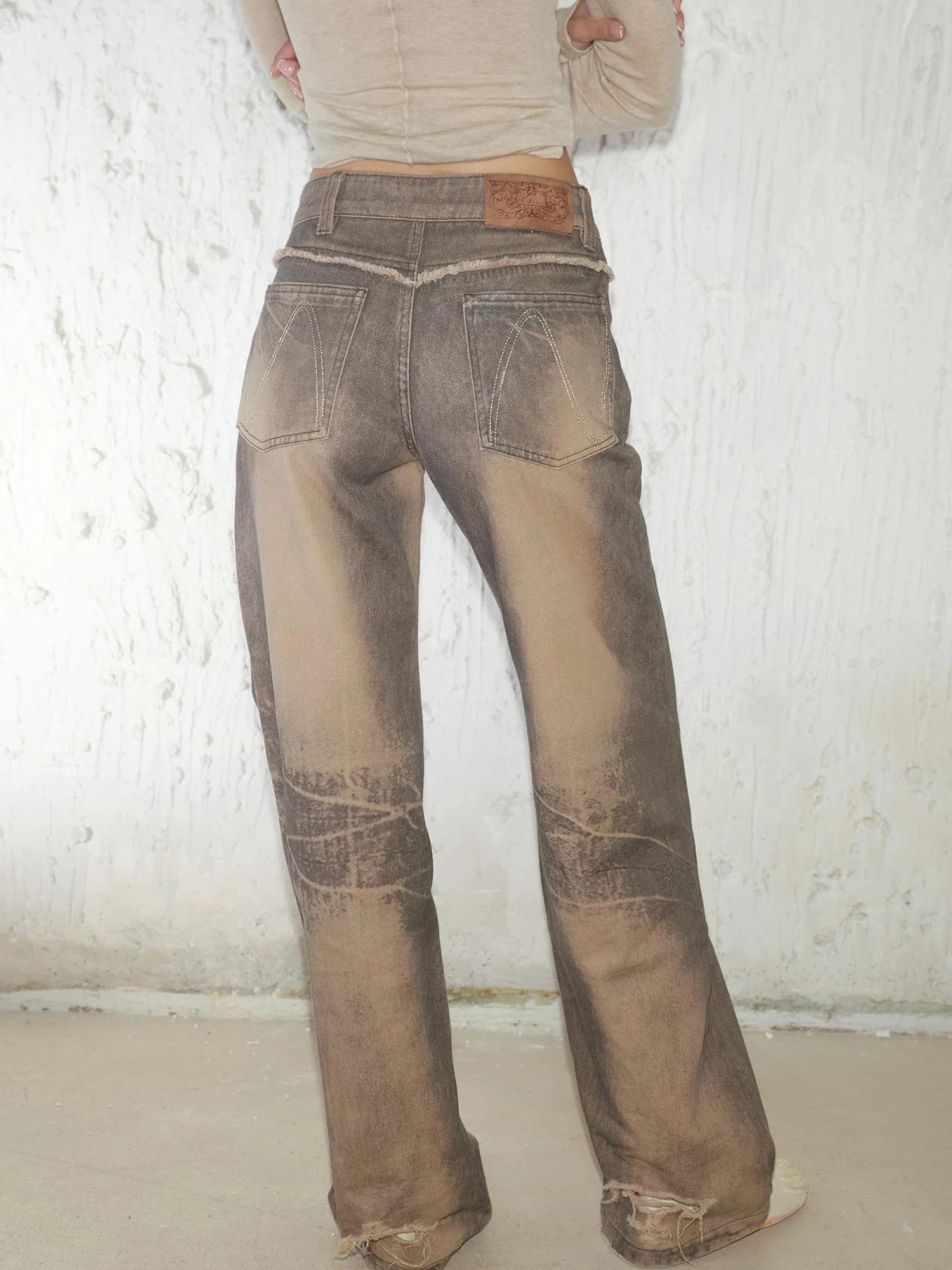 Retro Mud Dyed Straight Low Rise Embroidered Rhinestone Ripped Jeans
