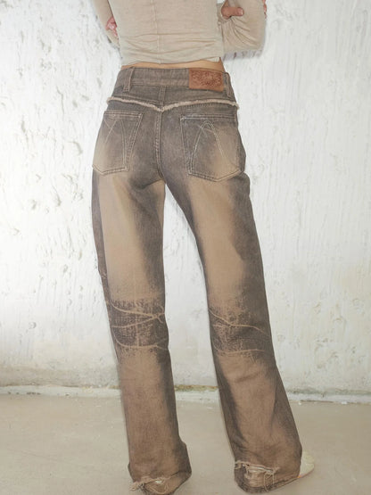 Retro Mud Dyed Straight Low Rise Embroidered Rhinestone Ripped Jeans