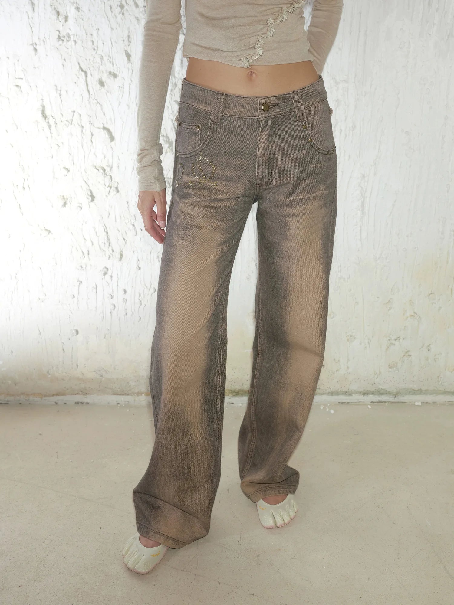Retro Mud Dyed Straight Low Rise Embroidered Rhinestone Ripped Jeans