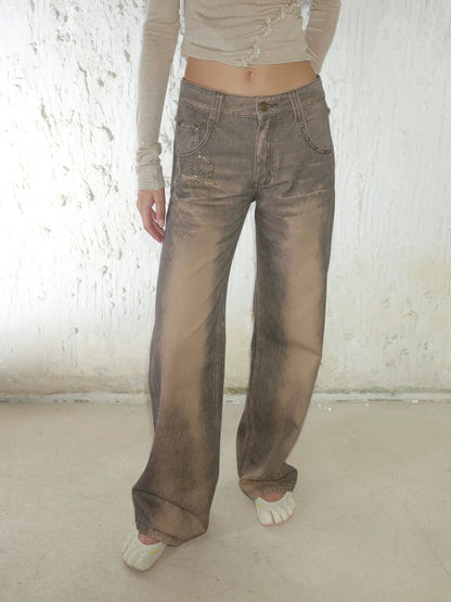 Retro Mud Dyed Straight Low Rise Embroidered Rhinestone Ripped Jeans