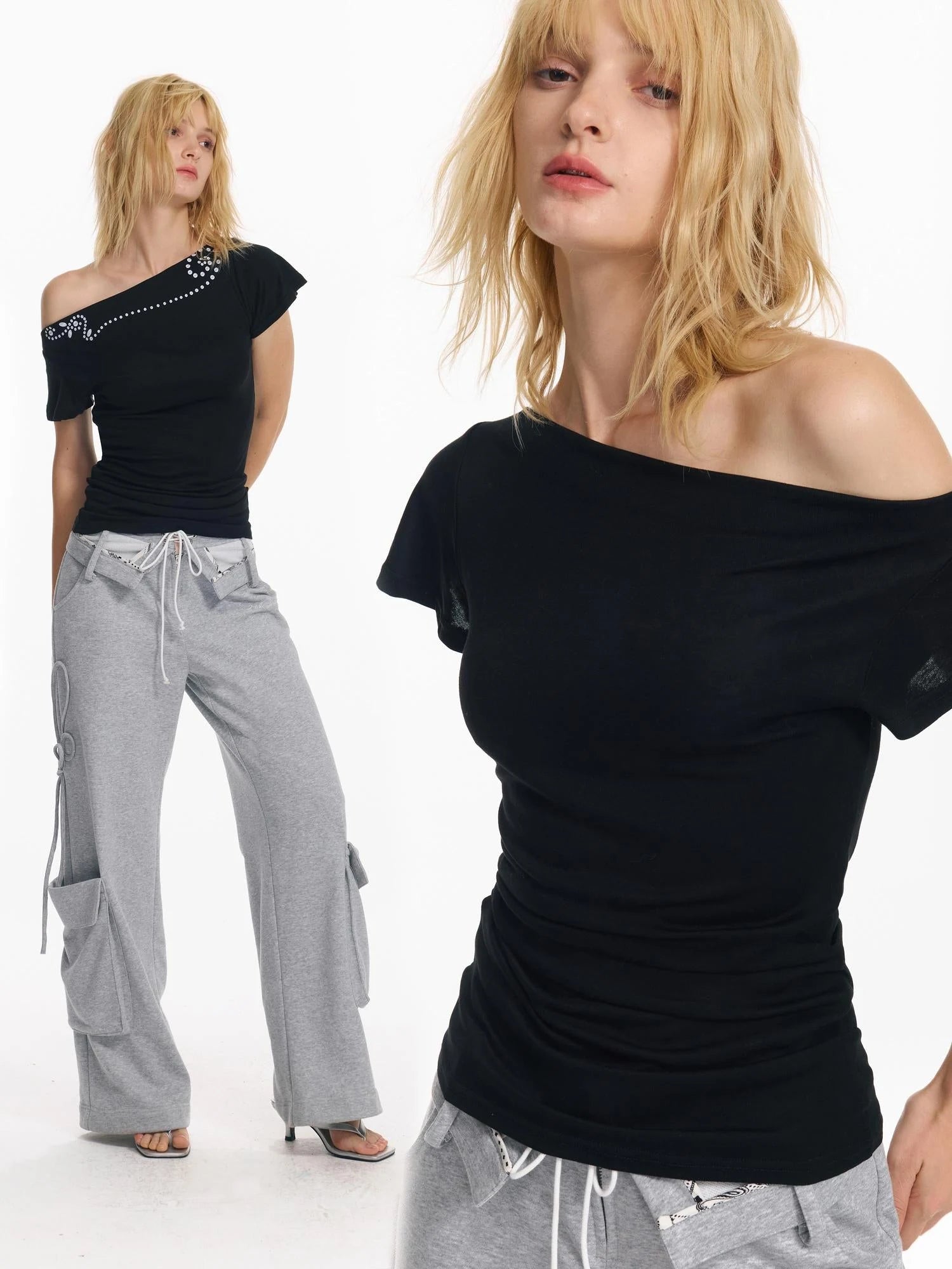 Retro Rivet Print Slash Neck T-shirt