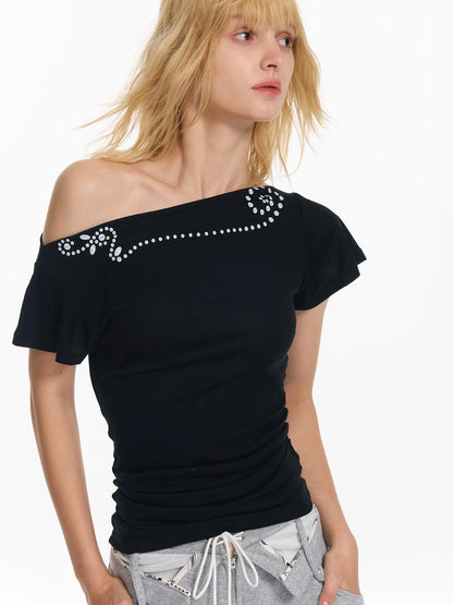 Retro Rivet Print Slash Neck T-shirt