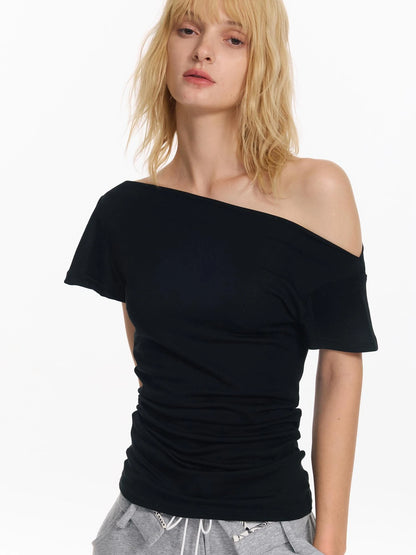 Retro Rivet Print Slash Neck T-shirt