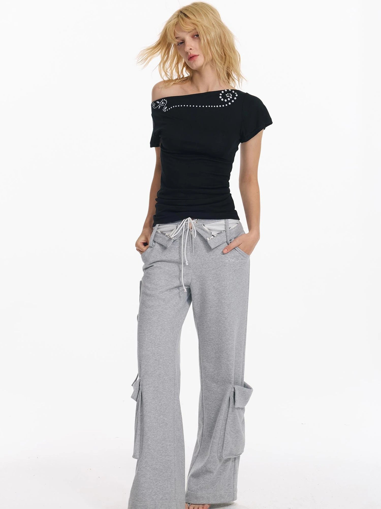 Retro Rivet Print Slash Neck T-shirt