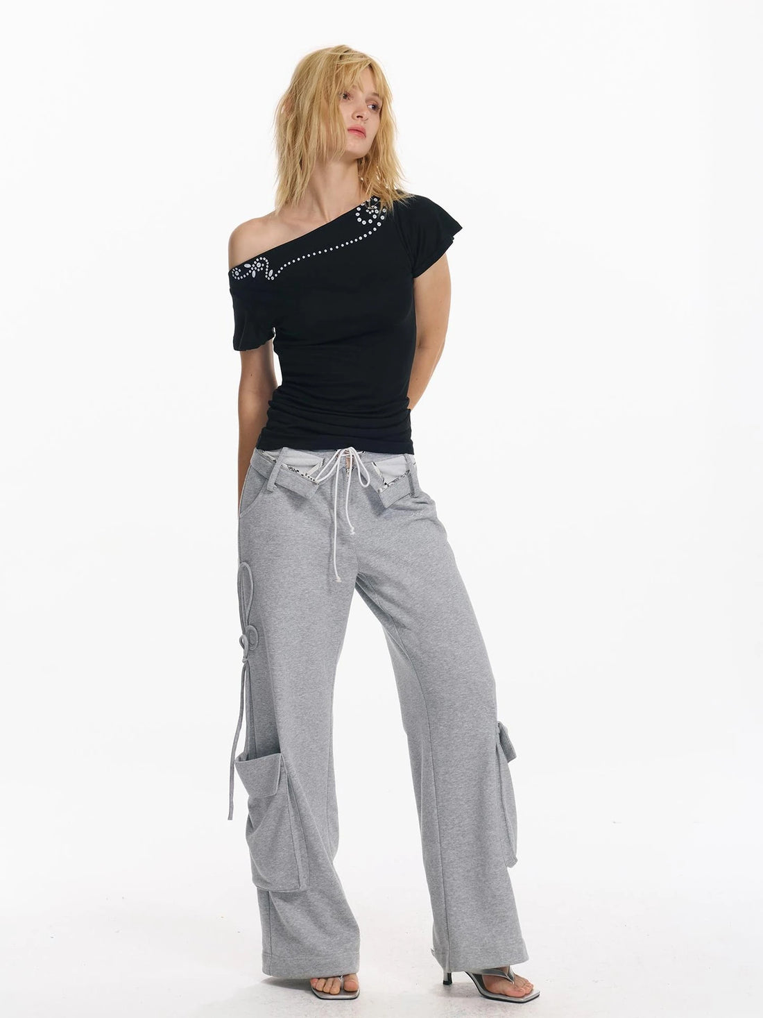 Retro Rivet Print Slash Neck T-shirt