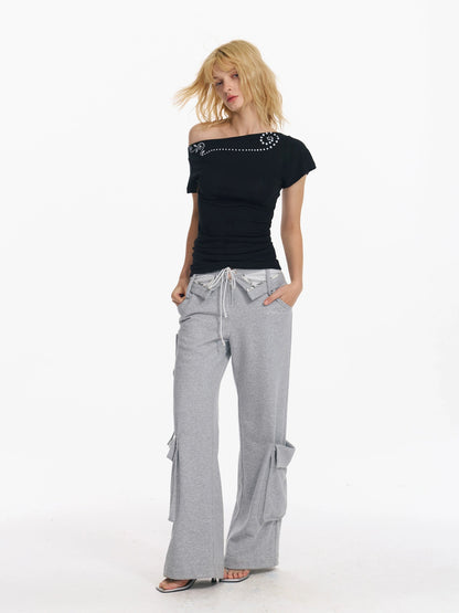 Retro Rivet Print Slash Neck T-shirt