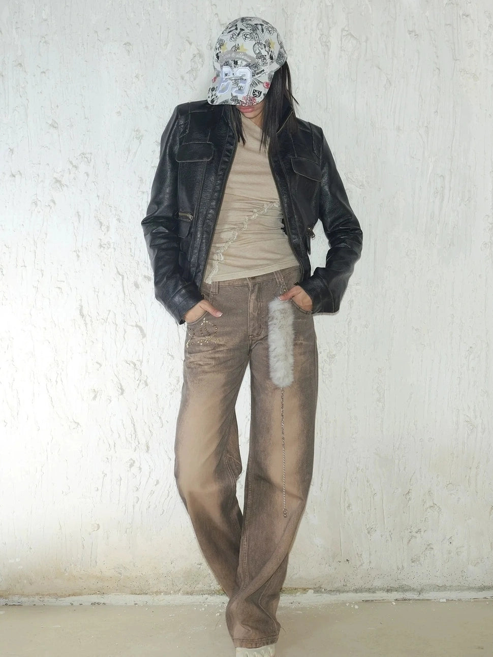 2th Desire Retro Rock Baseball Cap With Leopard Print And Newspaper Pattern