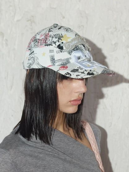 2th Desire Retro Rock Baseball Cap With Leopard Print And Newspaper Pattern