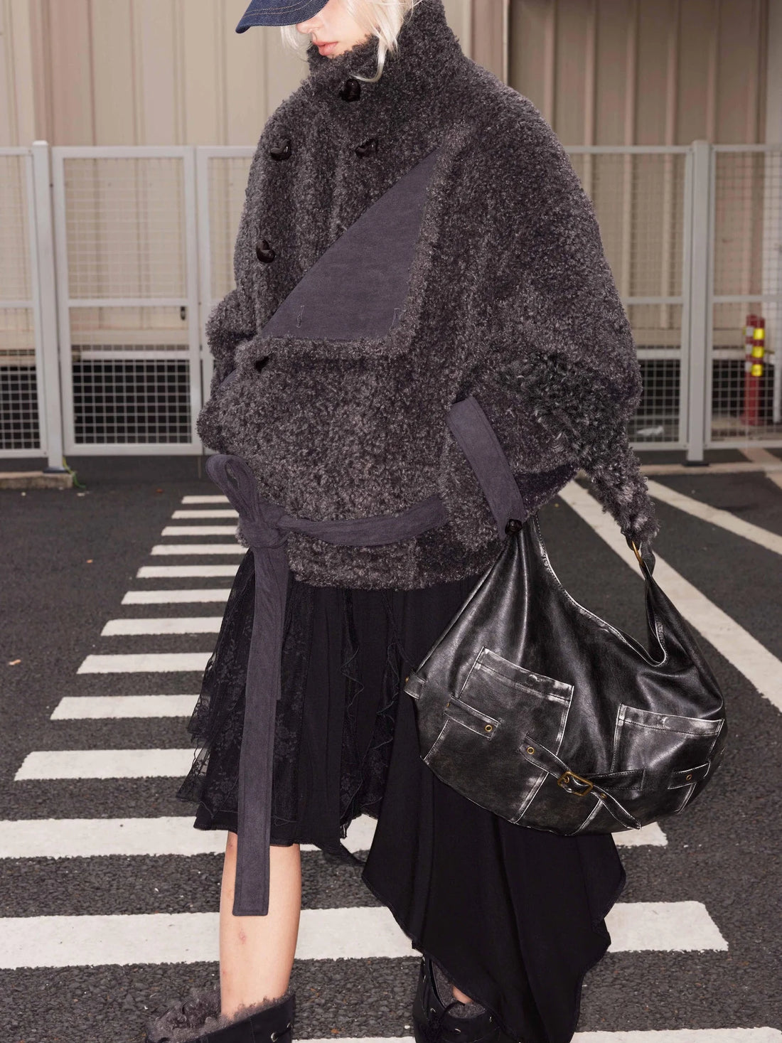 Reversible Fleece Trim Tied Coat With Oversized Collar