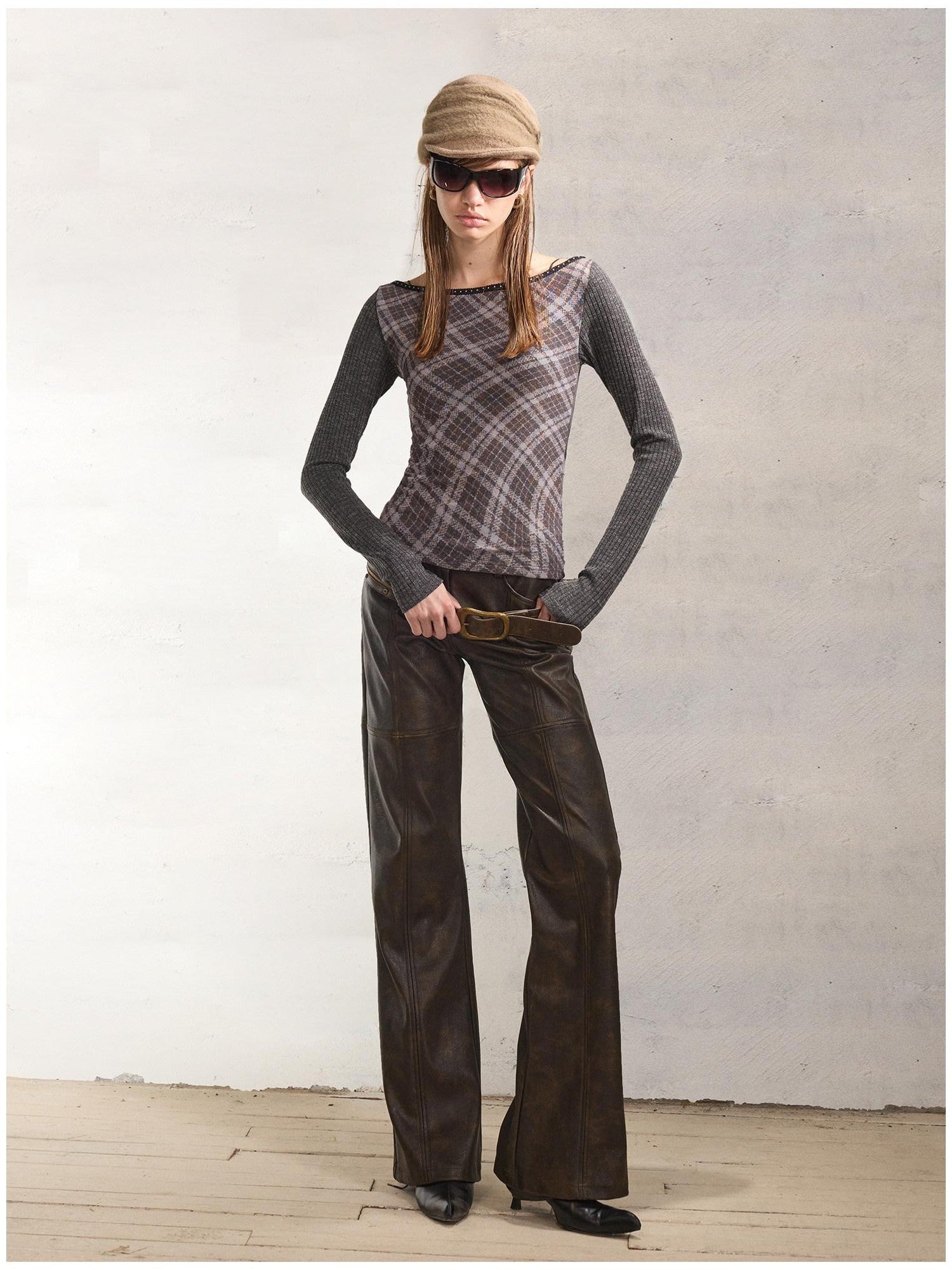 2th Desire Reversible Vintage Slim Fit Printed Crop Women Gray Black Long Sleeve T-Shirts