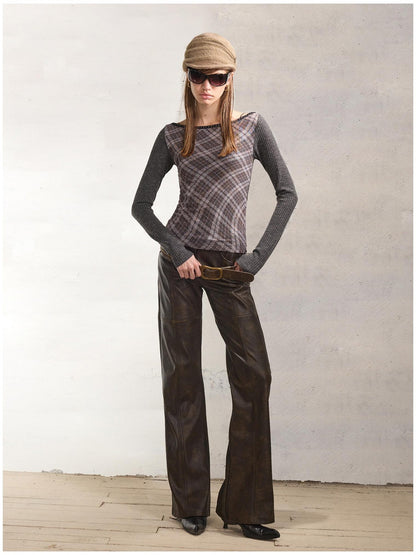 2th Desire Reversible Vintage Slim Fit Printed Crop Women Gray Black Long Sleeve T-Shirts