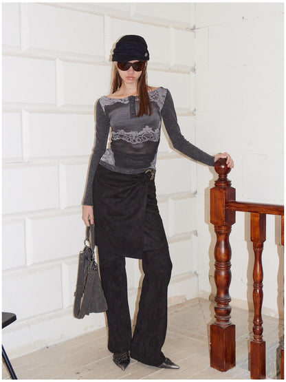 2th Desire Reversible Vintage Slim Fit Printed Crop Women Gray Black Long Sleeve T-Shirts
