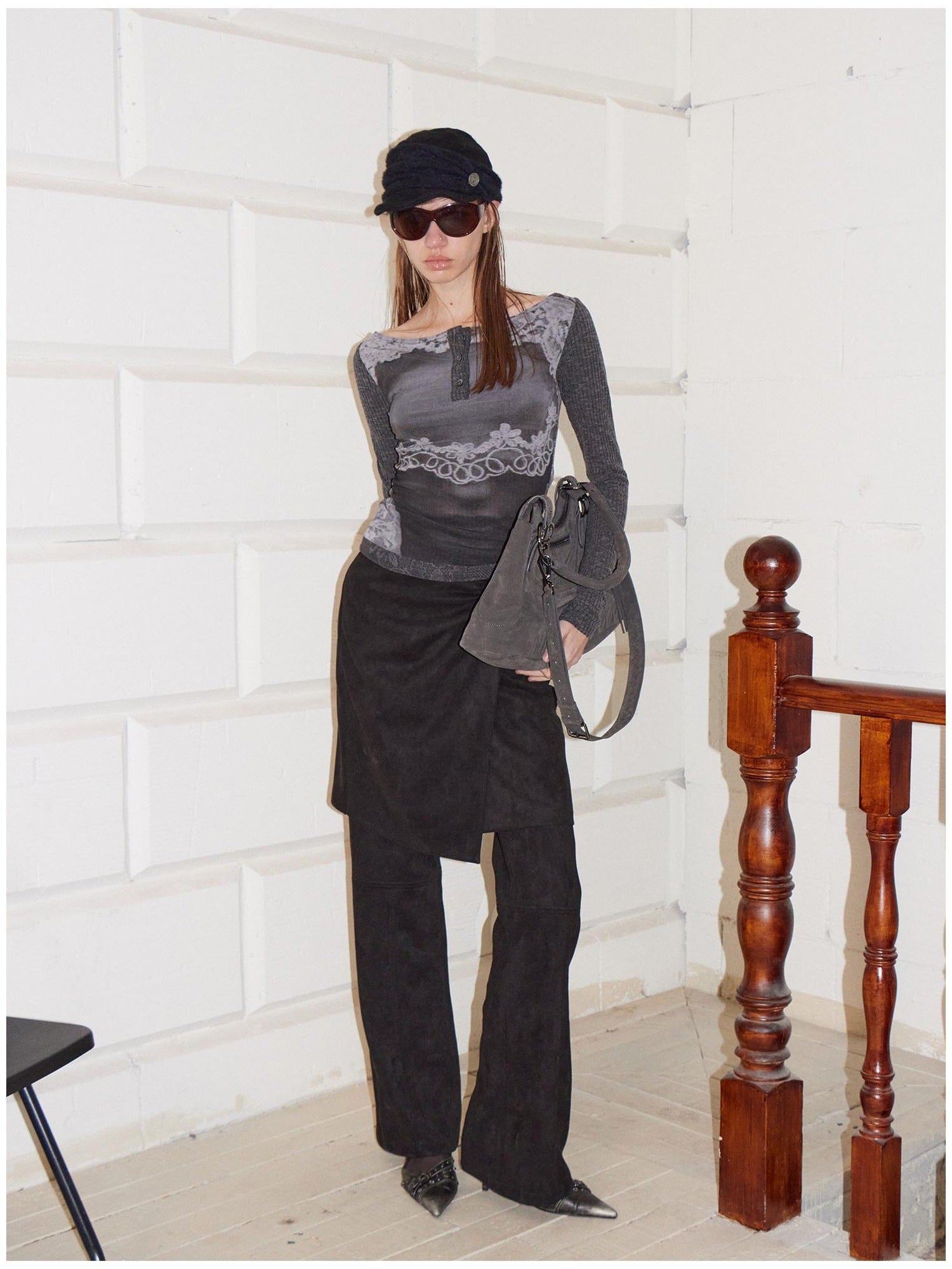 2th Desire Reversible Vintage Slim Fit Printed Crop Women Gray Black Long Sleeve T-Shirts