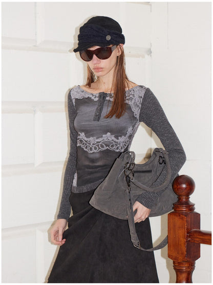 2th Desire Reversible Vintage Slim Fit Printed Crop Women Gray Black Long Sleeve T-Shirts