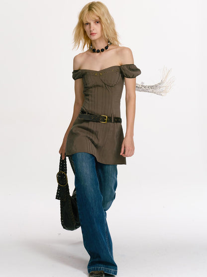 2th Desire Rivet Studded Layered Vintage Off Shoulder Mini Dress