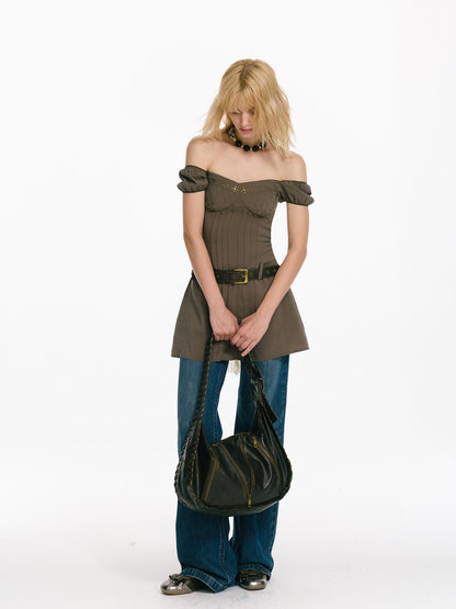 2th Desire Rivet Studded Layered Vintage Off Shoulder Mini Dress