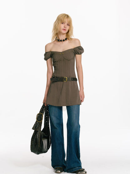 2th Desire Rivet Studded Layered Vintage Off Shoulder Mini Dress