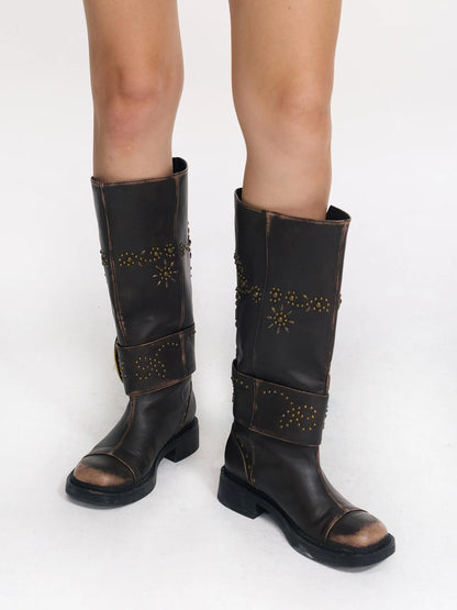Riveted Floral Punk Vintage Buckle Boots