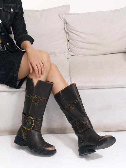 Riveted Floral Punk Vintage Buckle Boots