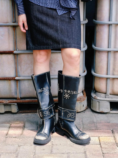 Riveted Floral Punk Vintage Buckle Boots