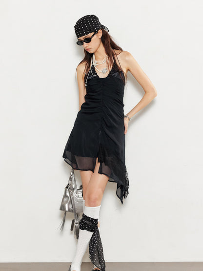 2th Desire Satin Ruffle Polka Dot Halter Beaded Lace Trim Dress