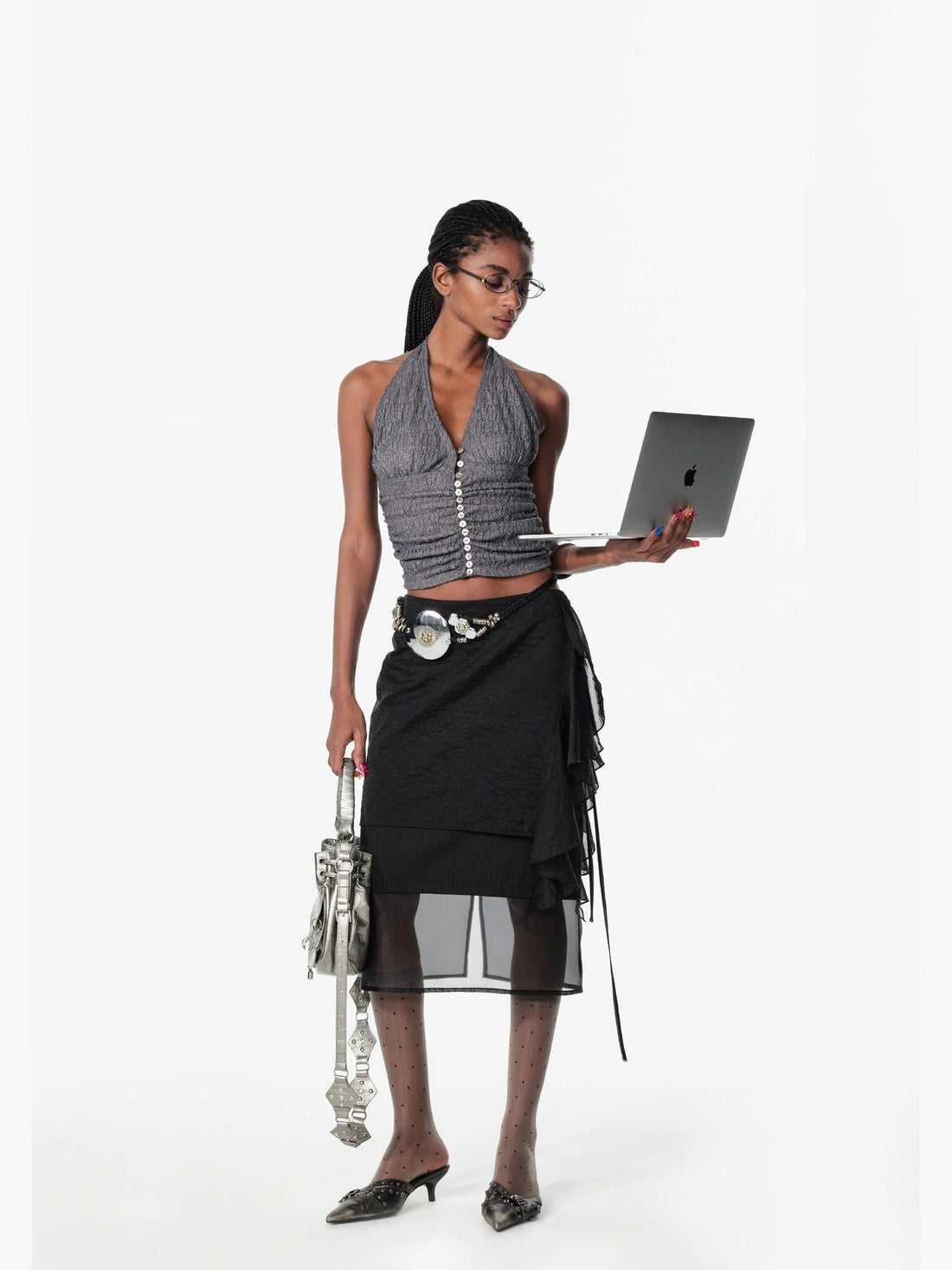 2th Desire Sequin Halter Cropped Slim Fit Ruched Button Front Streetwear Women Tank Top