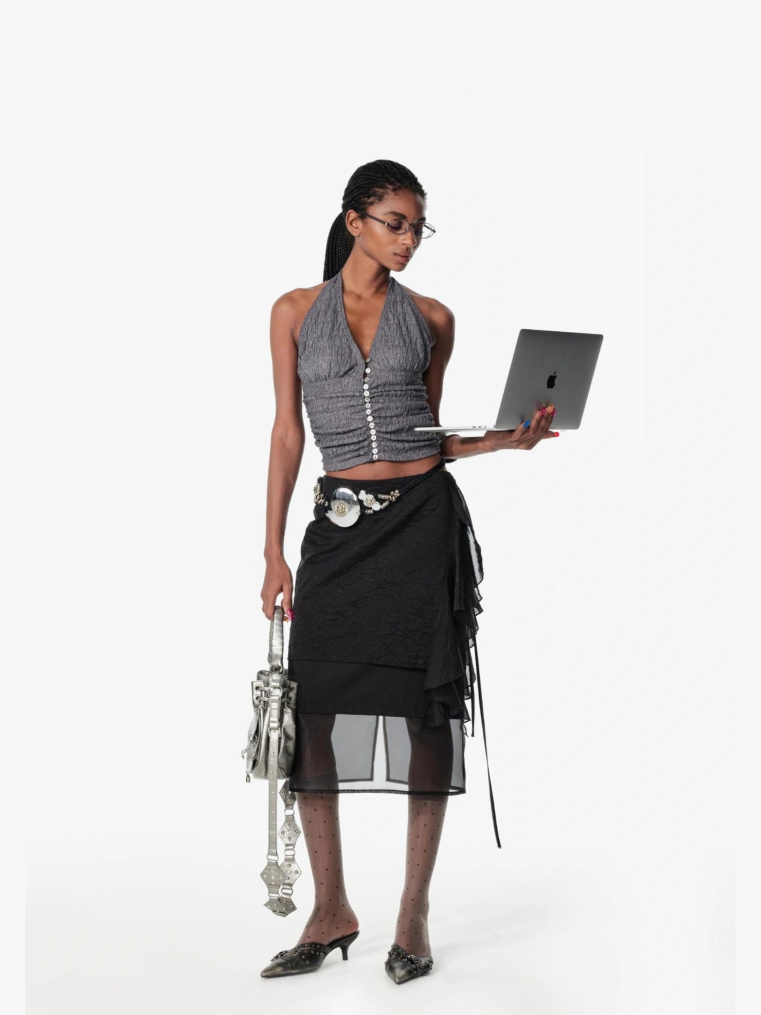 2th Desire Sequin Halter Cropped Slim Fit Ruched Button Front Streetwear Women Tank Top