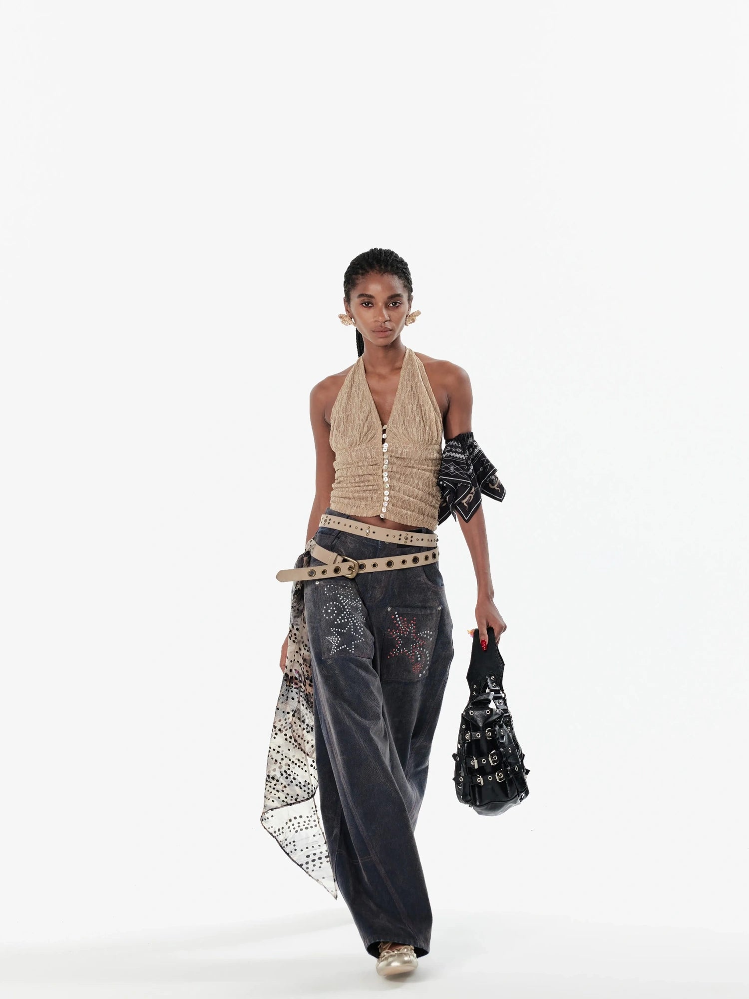 2th Desire Sequin Halter Cropped Slim Fit Ruched Button Front Streetwear Women Tank Top