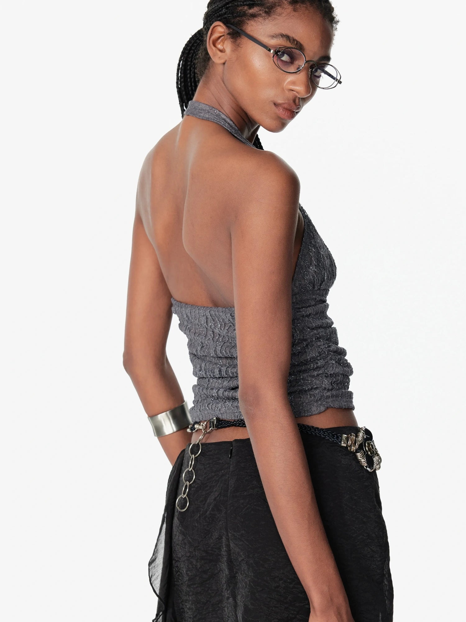 2th Desire Sequin Halter Cropped Slim Fit Ruched Button Front Streetwear Women Tank Top