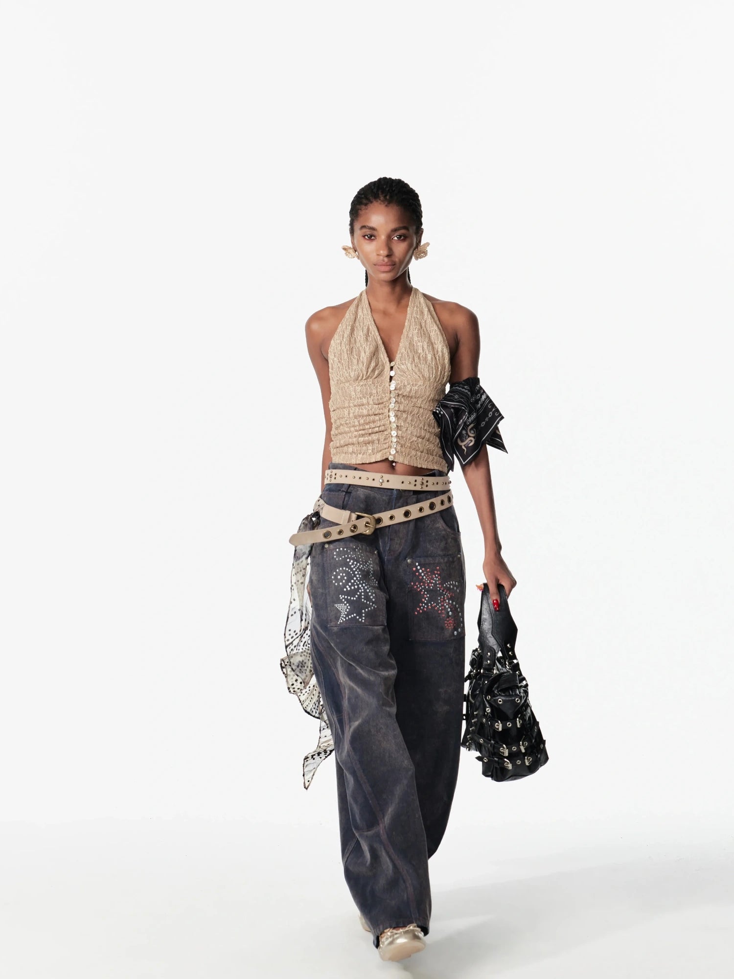 2th Desire Sequin Halter Cropped Slim Fit Ruched Button Front Streetwear Women Tank Top