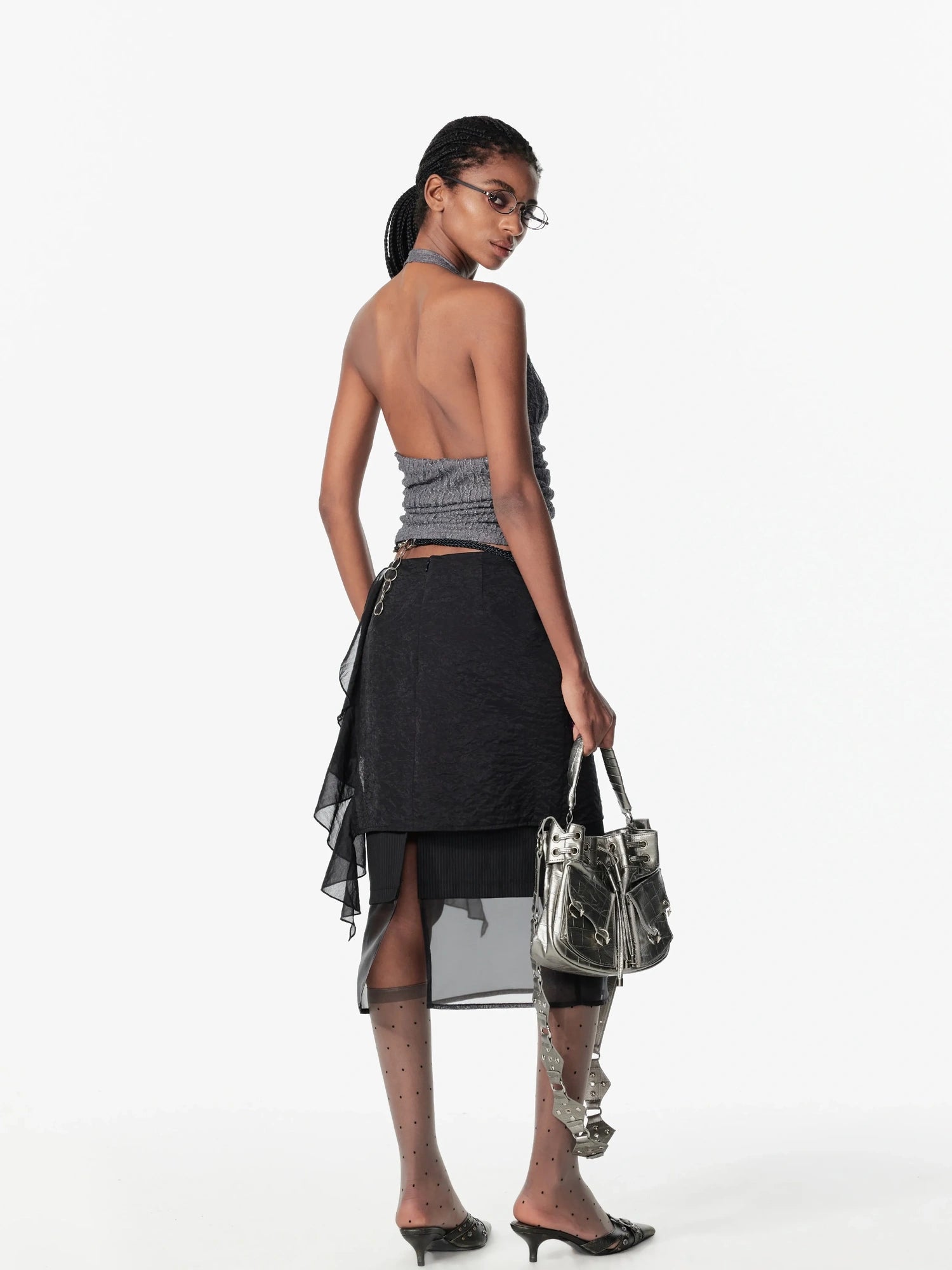 2th Desire Sequin Halter Cropped Slim Fit Ruched Button Front Streetwear Women Tank Top