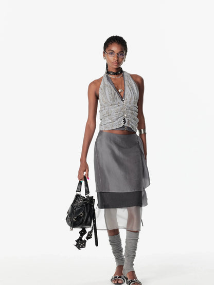 2th Desire Sequin Halter Cropped Slim Fit Ruched Button Front Streetwear Women Tank Top