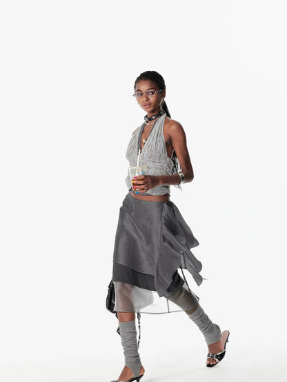 2th Desire Sequin Halter Cropped Slim Fit Ruched Button Front Streetwear Women Tank Top