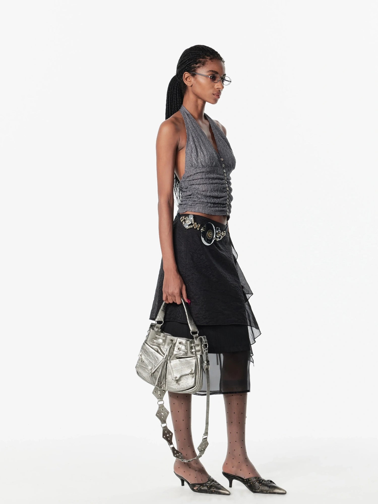 2th Desire Sequin Halter Cropped Slim Fit Ruched Button Front Streetwear Women Tank Top