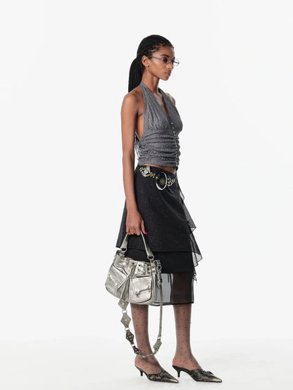 2th Desire Sequin Halter Cropped Slim Fit Ruched Button Front Streetwear Women Tank Top