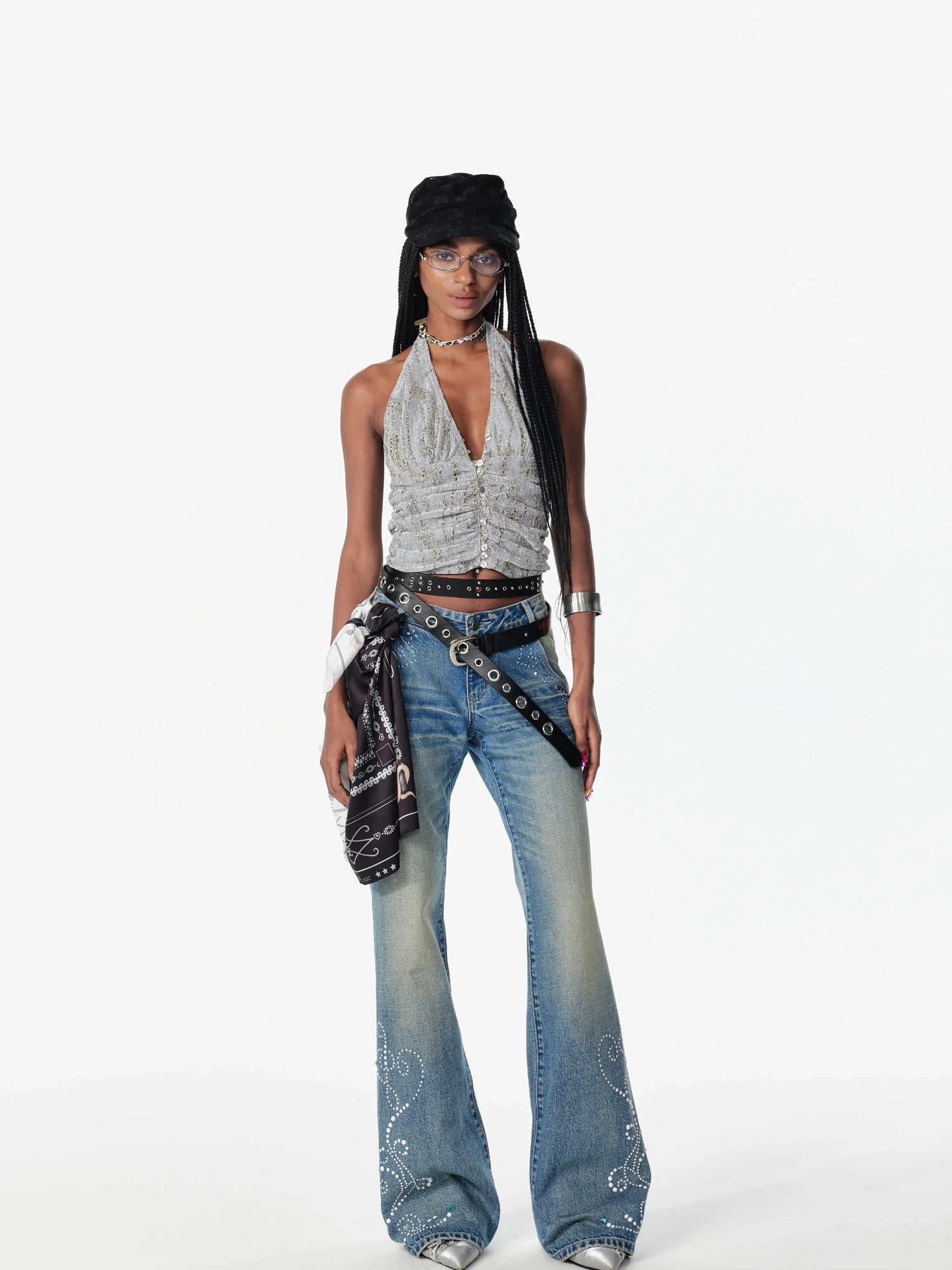 2th Desire Sequin Halter Cropped Slim Fit Ruched Button Front Streetwear Women Tank Top