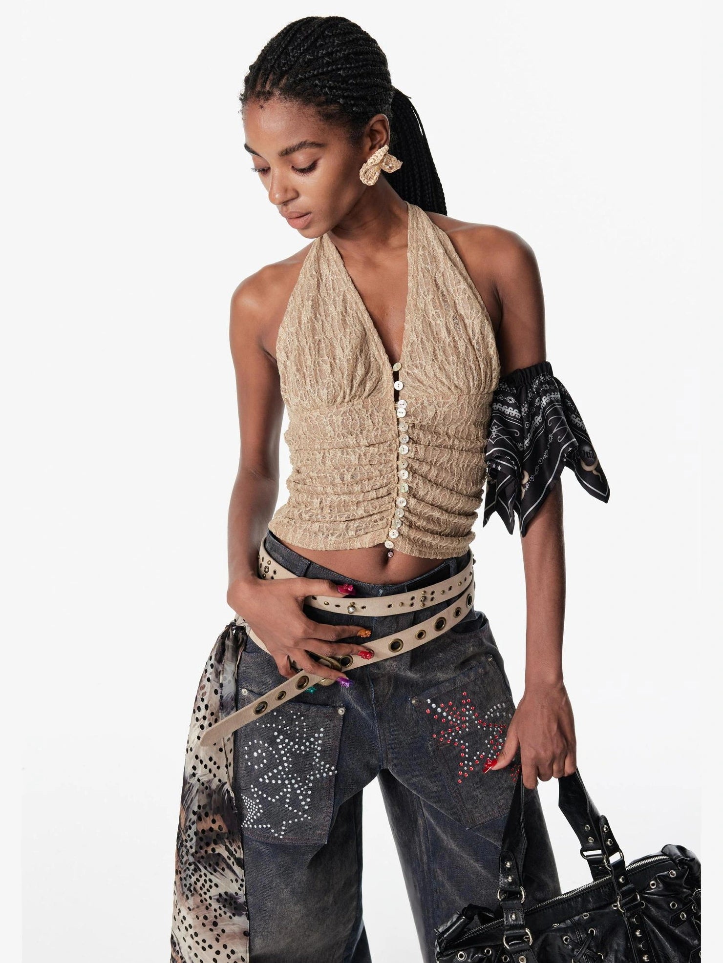 2th Desire Sequin Halter Cropped Slim Fit Ruched Button Front Streetwear Women Tank Top