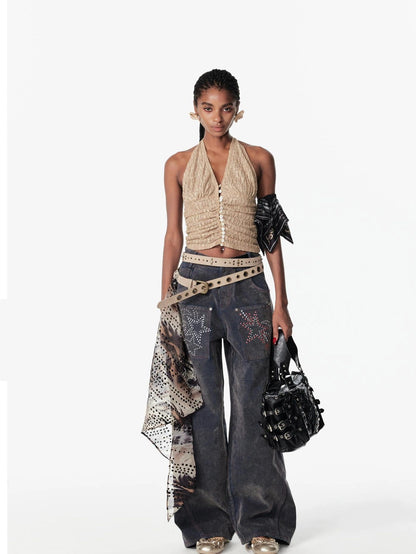 2th Desire Sequin Halter Cropped Slim Fit Ruched Button Front Streetwear Women Tank Top