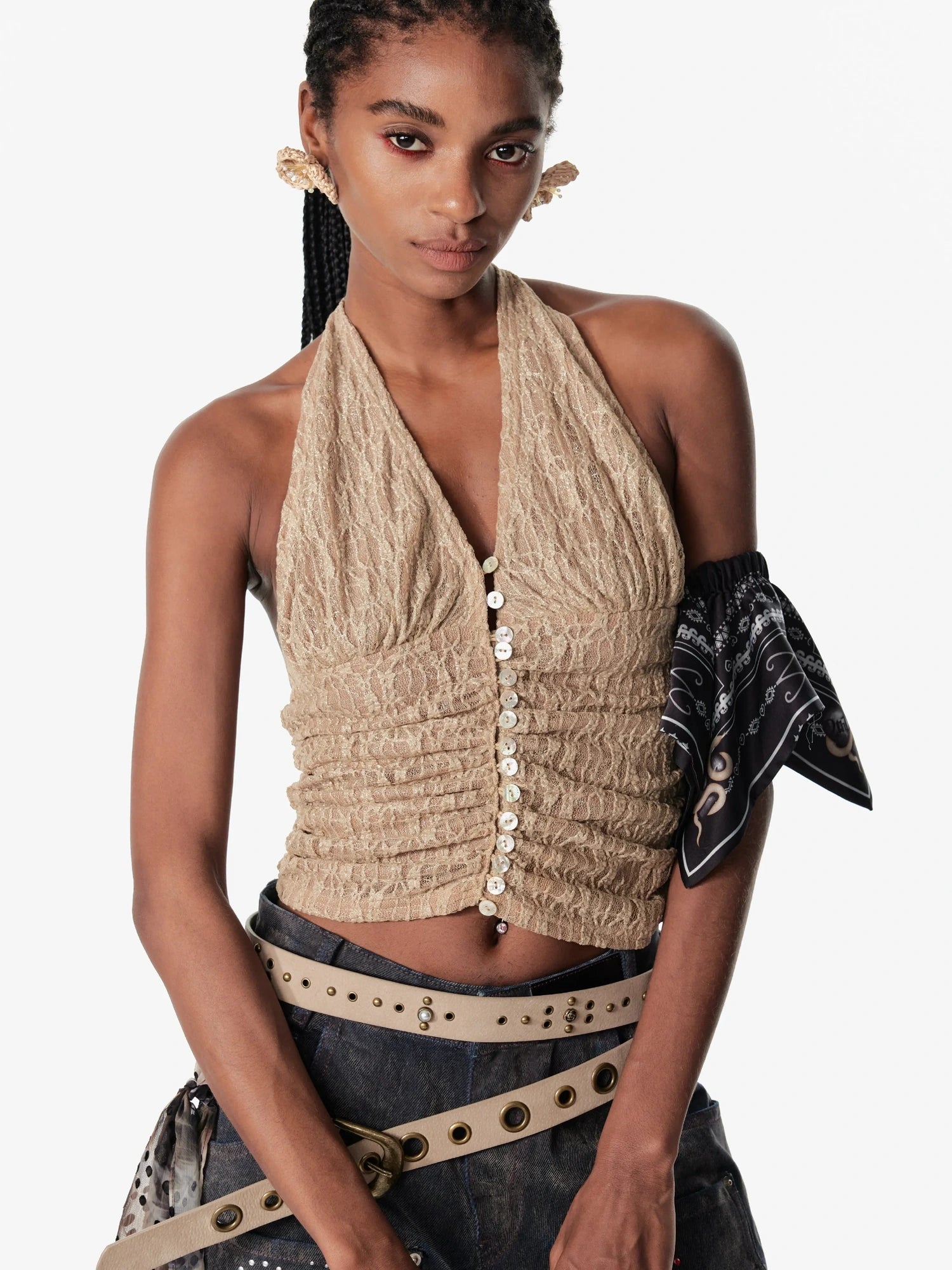 2th Desire Sequin Halter Cropped Slim Fit Ruched Button Front Streetwear Women Tank Top