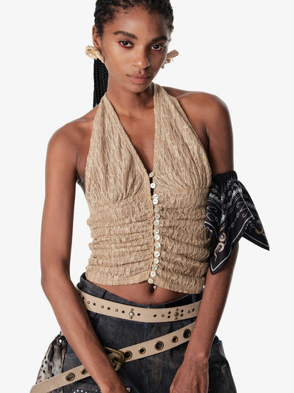 2th Desire Sequin Halter Cropped Slim Fit Ruched Button Front Streetwear Women Tank Top