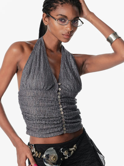 2th Desire Sequin Halter Cropped Slim Fit Ruched Button Front Streetwear Women Tank Top