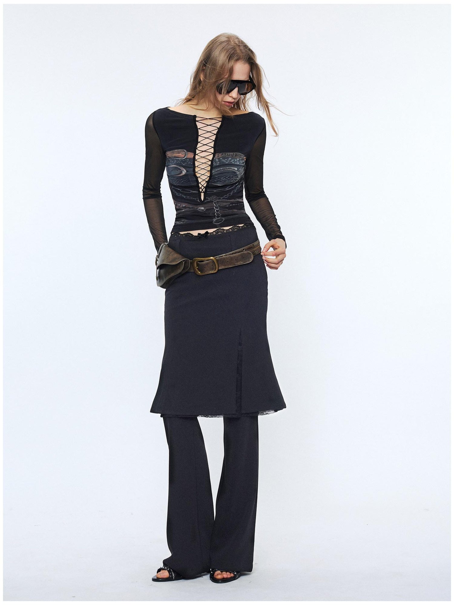 2th Desire Sexy Mesh Splice V-neck Crop Slim Tie Front For Women Print Long Sleeve T-Shirts