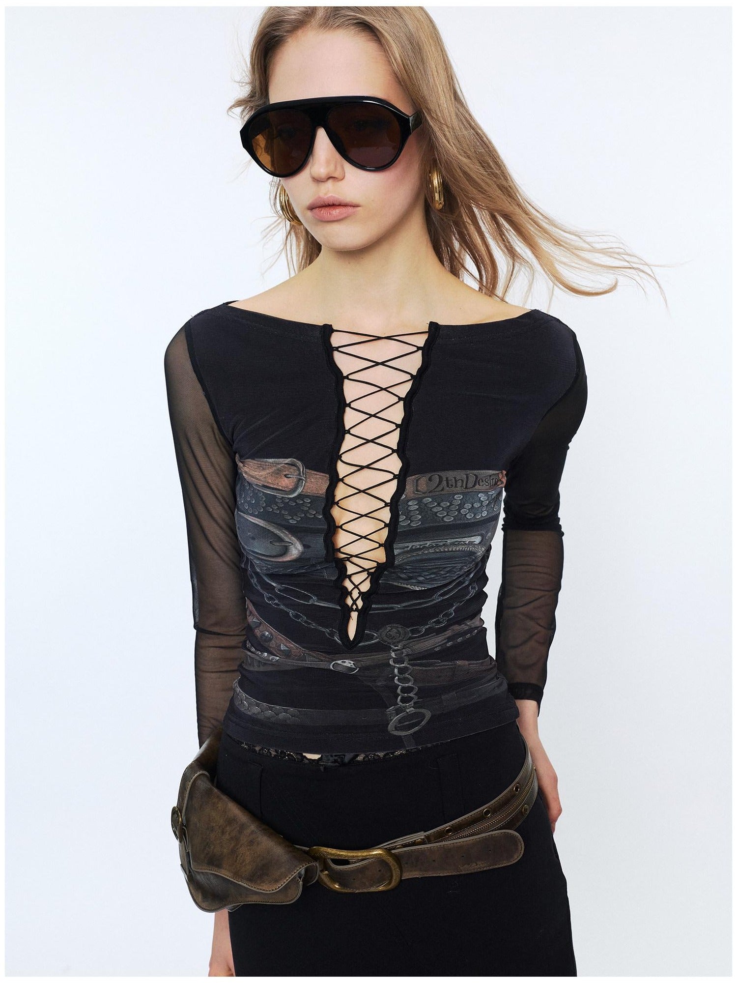 2th Desire Sexy Mesh Splice V-neck Crop Slim Tie Front For Women Print Long Sleeve T-Shirts